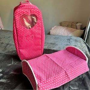 COPY - 18” Rolling doll carrying case w/ collapsed doll bed bright pink w/purpl…